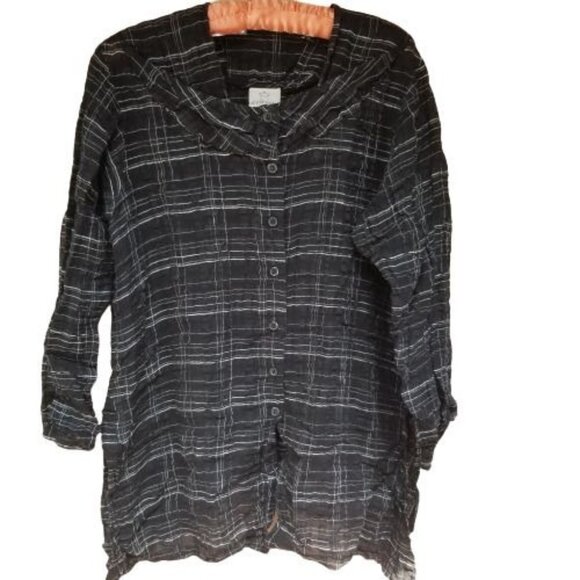 Spirit House Women's Small Plaid Black Art To Wear Shirt Top Blouse Linen Cotton - Picture 1 of 9